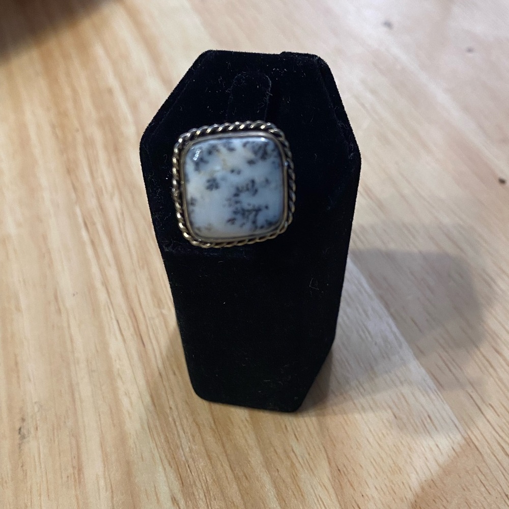 Dendritic Agate Square Statement Ring in Cream and Gold